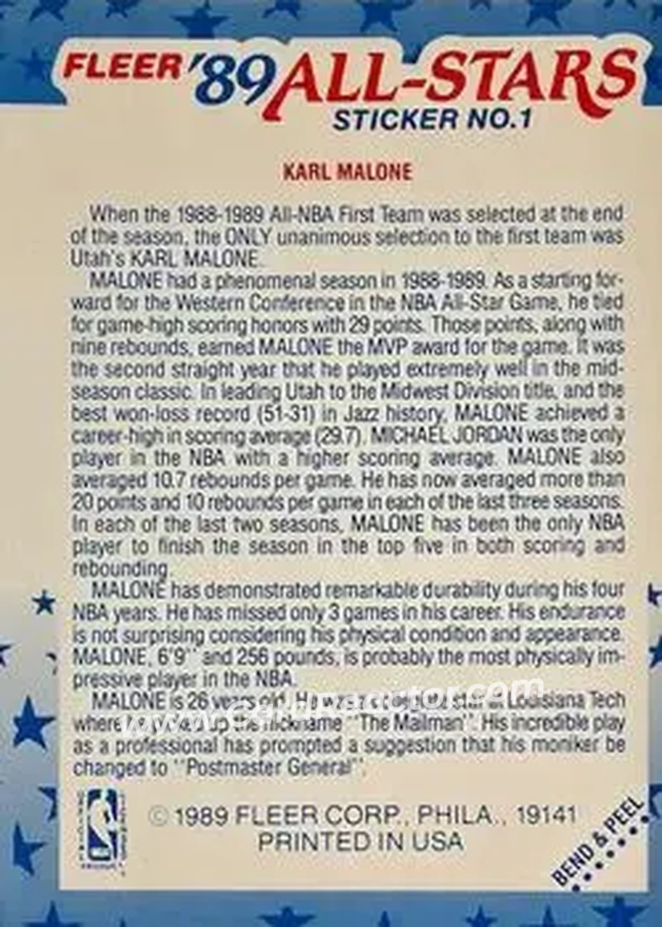 1989-90 Fleer - Stickers #1 - Karl Malone - Utah Jazz - Back