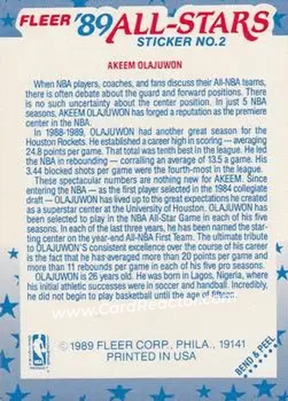 1989-90 Fleer - Stickers #2 - Hakeem Olajuwon - Houston Rockets - Back