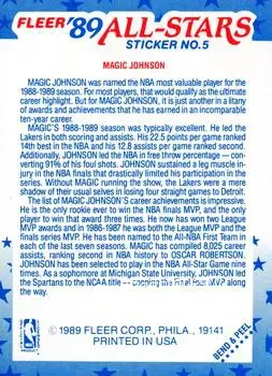 1989-90 Fleer - Stickers #5 - Magic Johnson - Los Angeles Lakers - Back