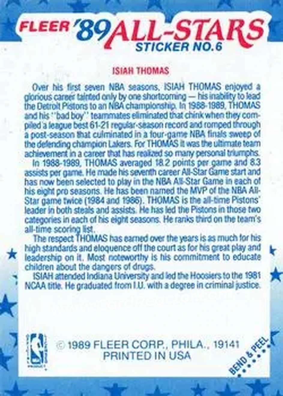 1989-90 Fleer - Stickers #6 - Isiah Thomas - Detroit Pistons - Back