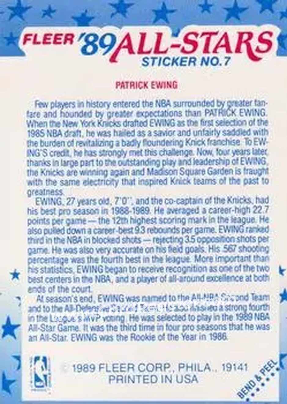 1989-90 Fleer - Stickers #7 - Patrick Ewing - New York Knicks - Back