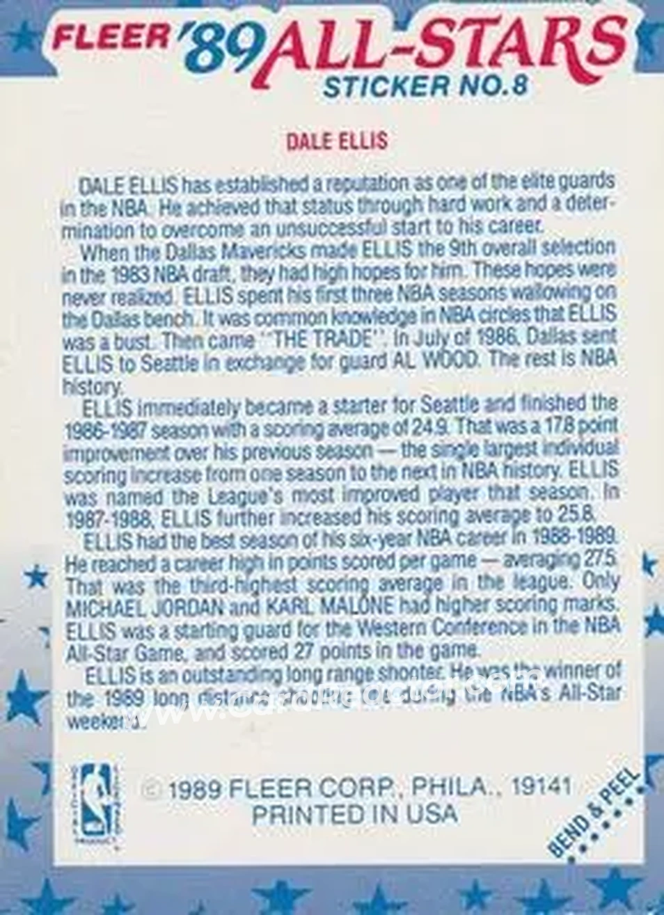 1989-90 Fleer - Stickers #8 - Dale Ellis - Seattle SuperSonics - Back 1989-90 Fleer - Stickers #8 - Dale Ellis - Seattle SuperSonics - Back
