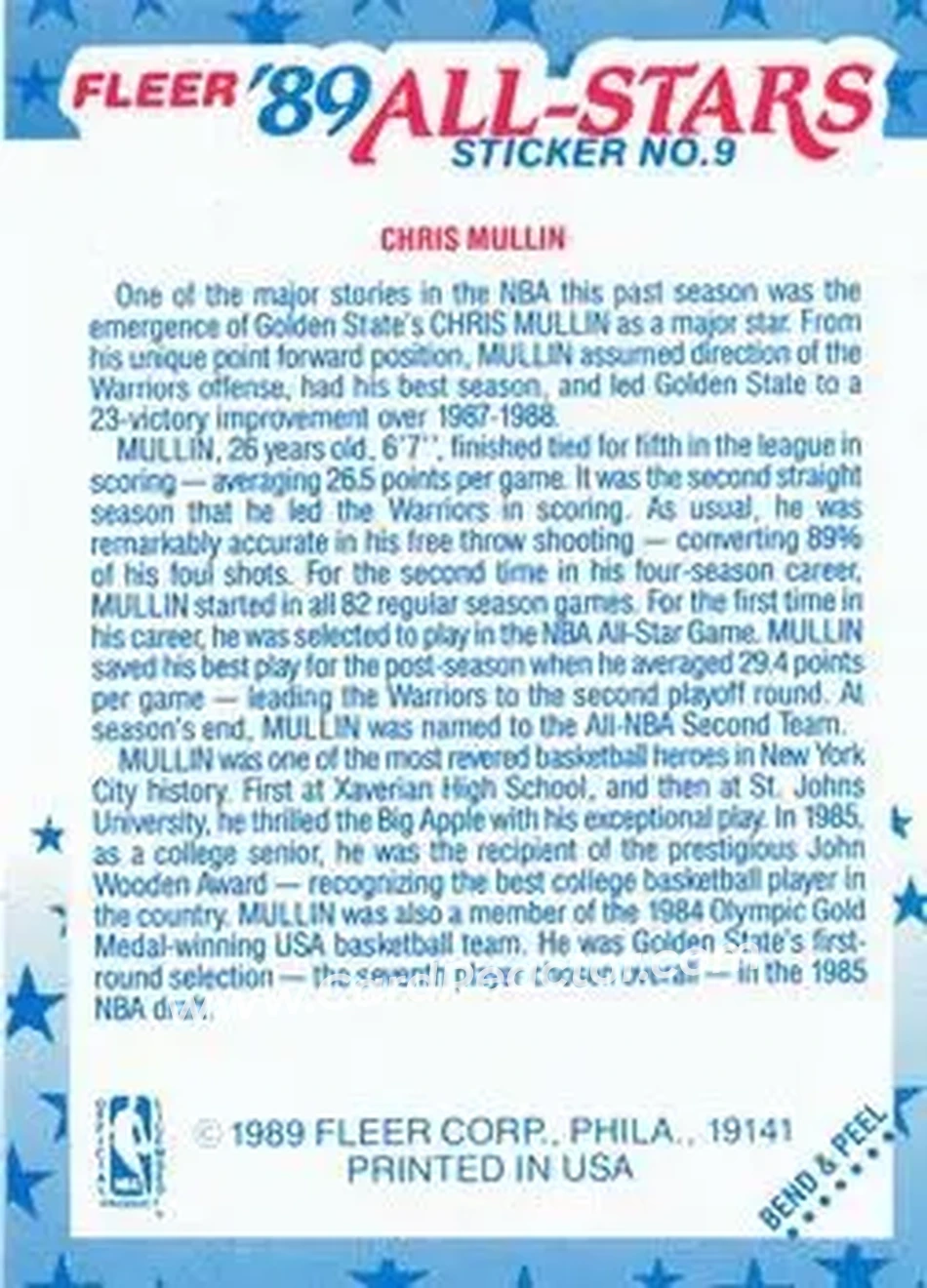 1989-90 Fleer - Stickers #9 - Chris Mullin - Golden State Warriors - Back