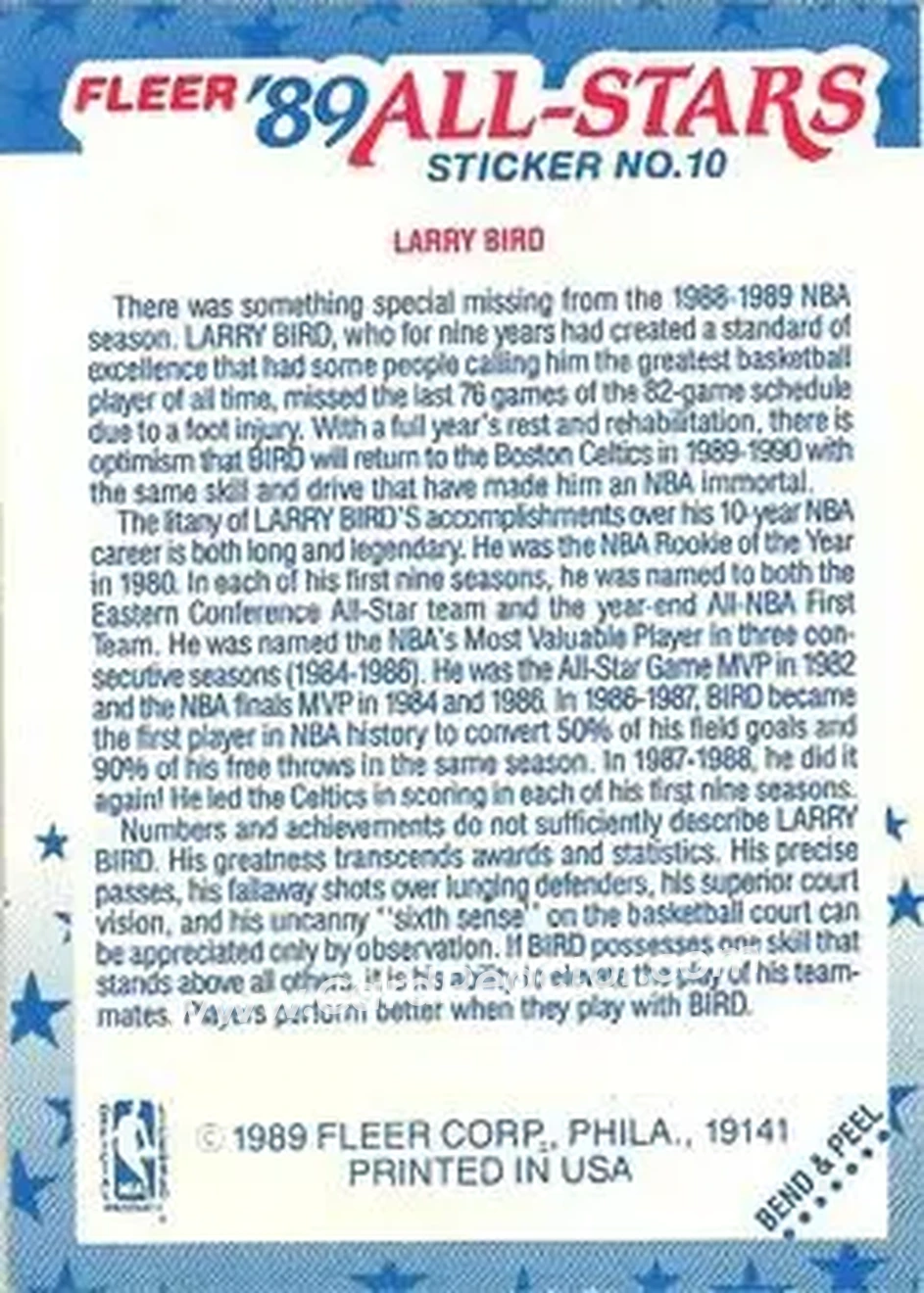 1989-90 Fleer - Stickers #10 - Larry Bird - Boston Celtics - Back