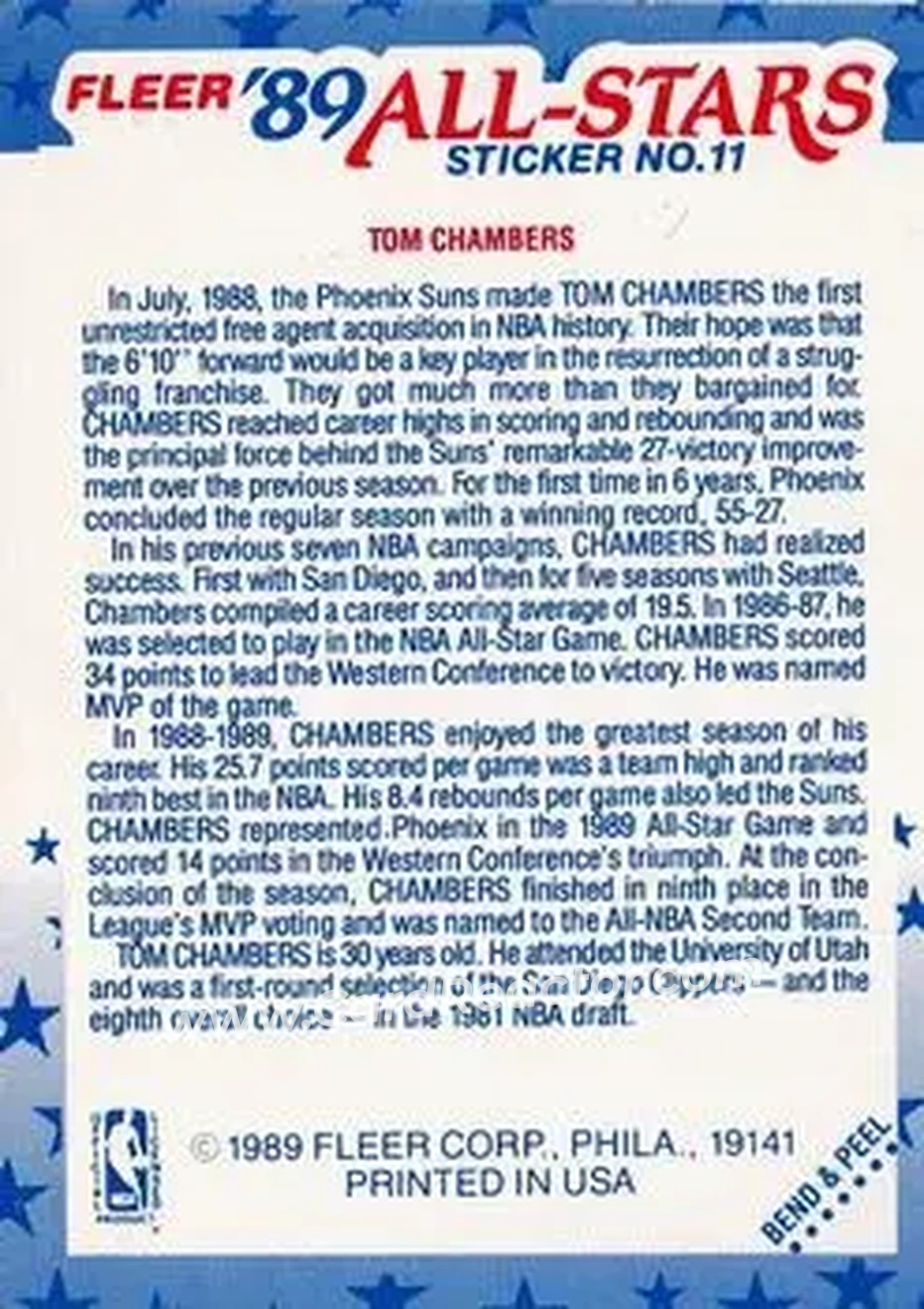 1989-90 Fleer - Stickers #11 - Tom Chambers - Phoenix Suns - Back