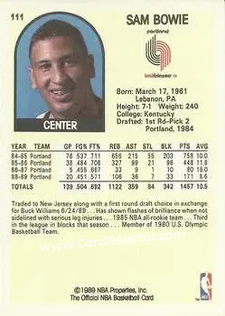 1989-90 Hoops #111 - Sam Bowie - Portland Trail Blazers - Back