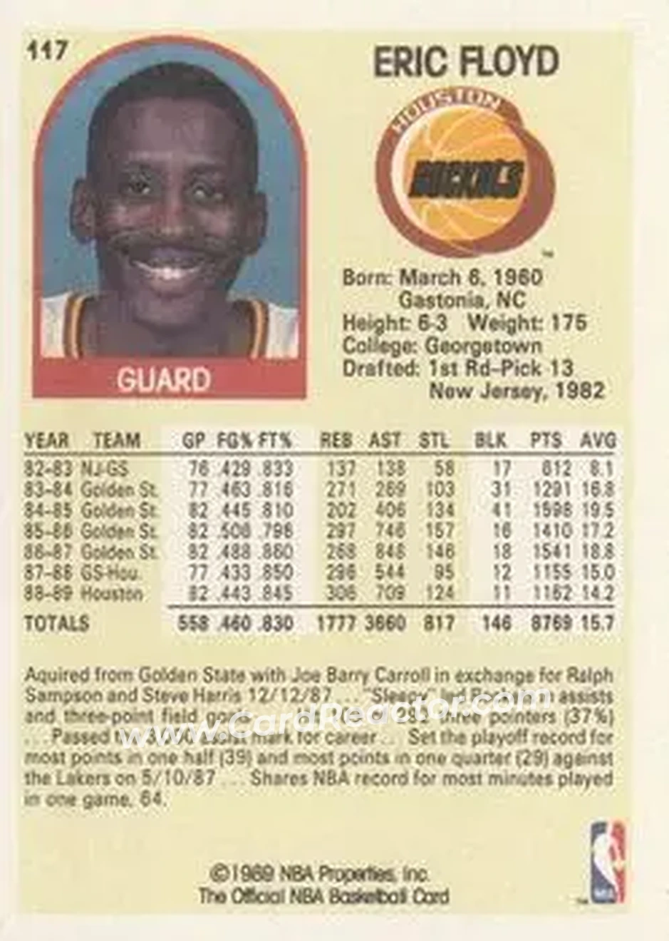 1989-90 Hoops #117 - Sleepy Floyd - Houston Rockets - Back