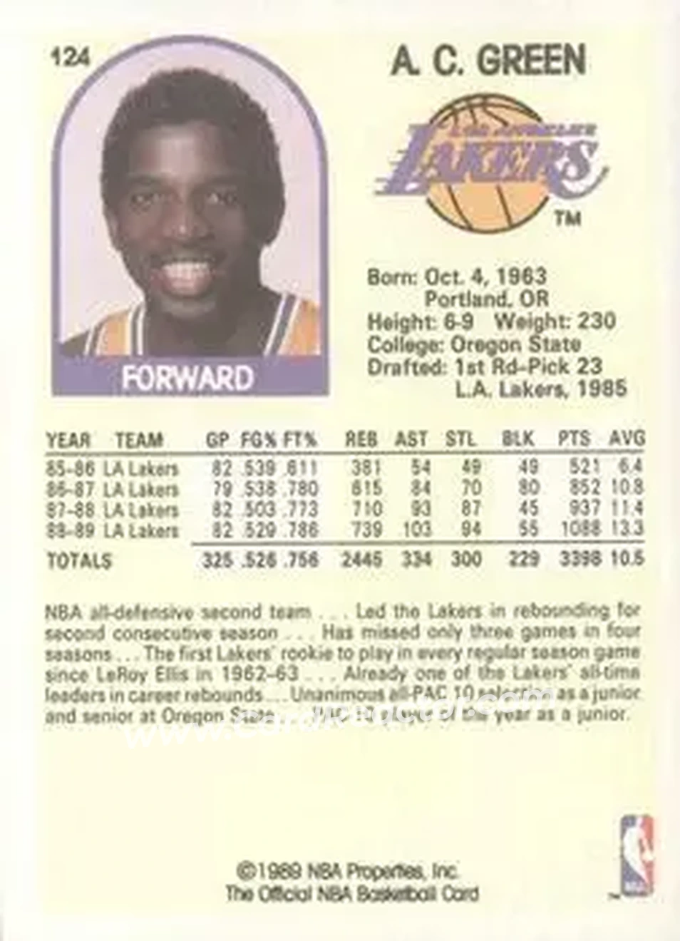 1989-90 Hoops #124 - A.C. Green - Los Angeles Lakers - Back