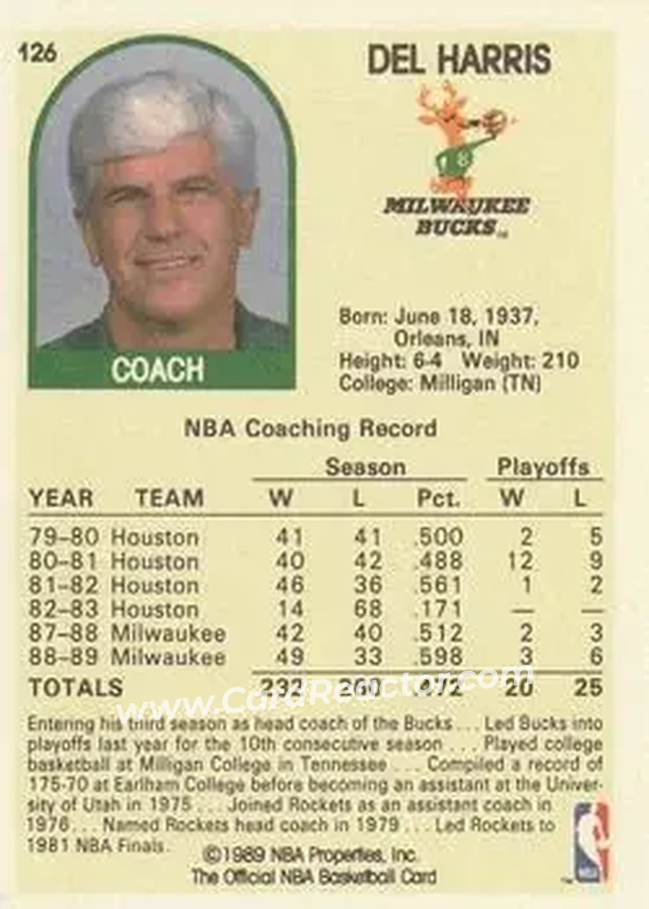 1989-90 Hoops #126 - Del Harris - Milwaukee Bucks - Back