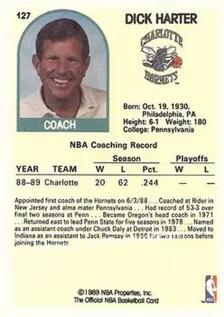 1989-90 Hoops #127 - Dick Harter - Charlotte Hornets - Back
