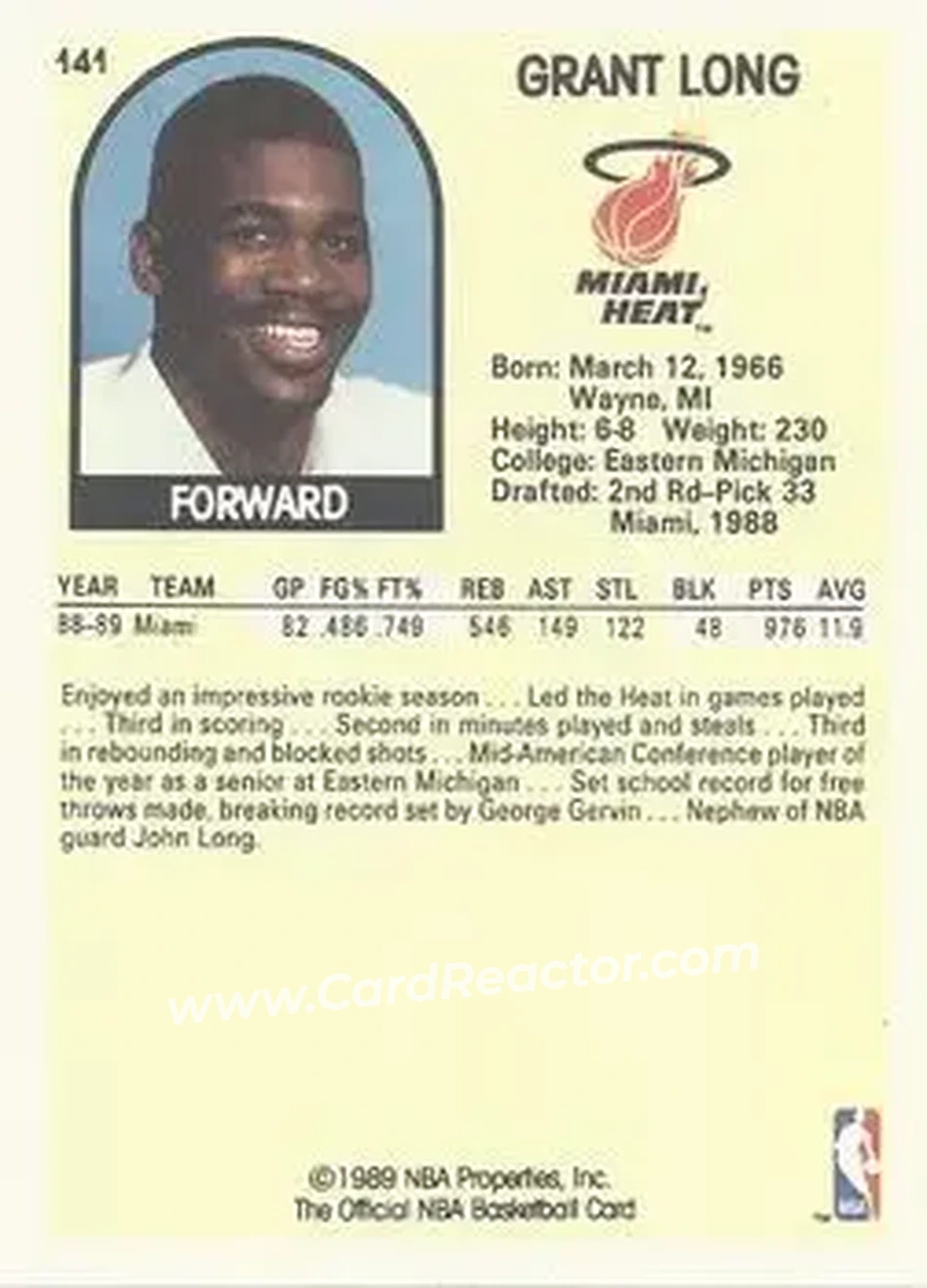 1989-90 Hoops #141 - Grant Long - Miami Heat - Back