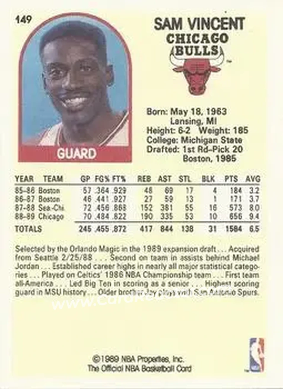 1989-90 Hoops #149 - Sam Vincent - Chicago Bulls - Back