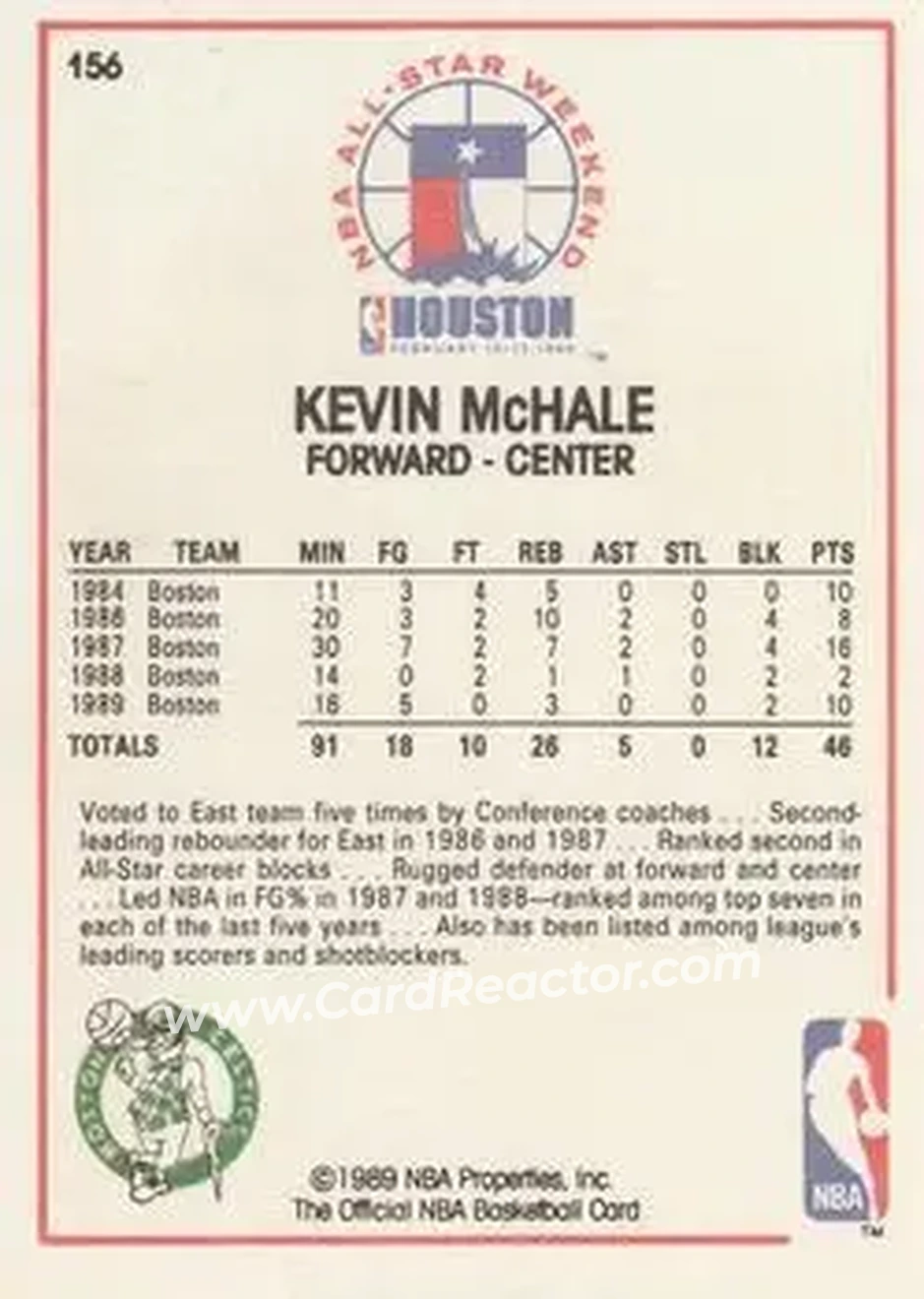 1989-90 Hoops #156 - Kevin McHale - Boston Celtics - Back