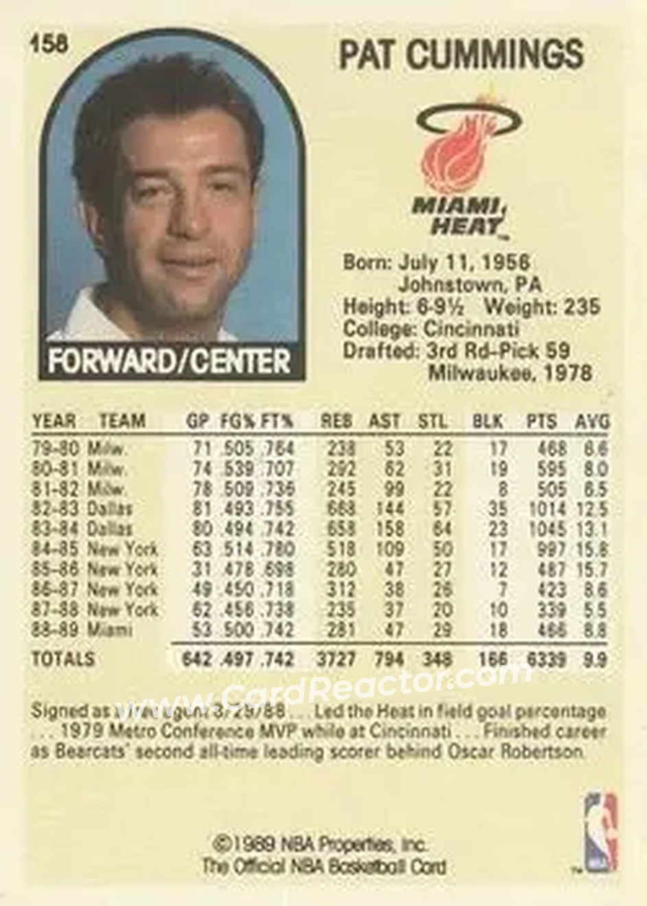 1989-90 Hoops #158 - Pat Cummings - Miami Heat - Back