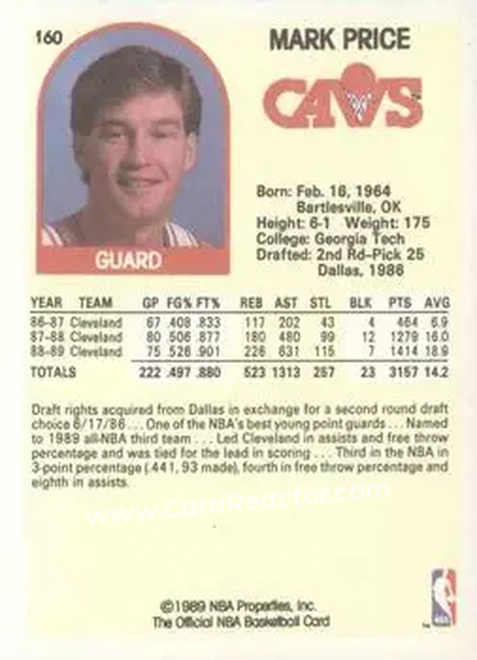 1989-90 Hoops #160 - Mark Price - Cleveland Cavaliers - Back