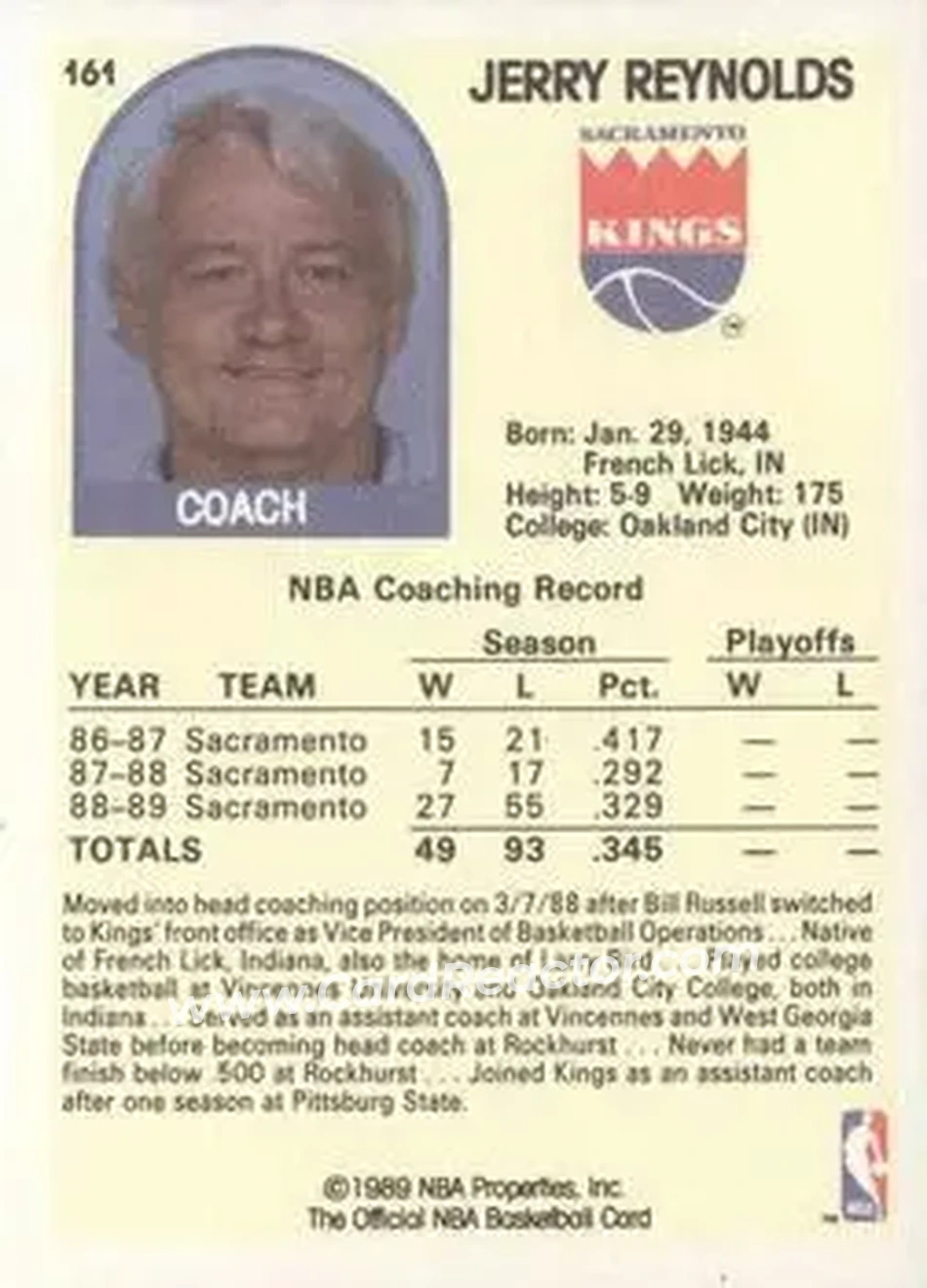 1989-90 Hoops #161 - Jerry Reynolds - Sacramento Kings - Back 1989-90 Hoops #161 - Jerry Reynolds - Sacramento Kings - Back