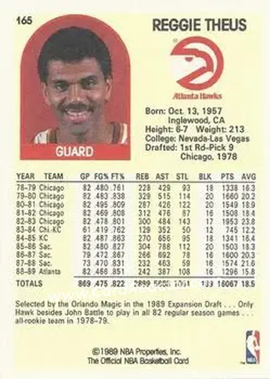 1989-90 Hoops #165 - Reggie Theus - Atlanta Hawks - Back