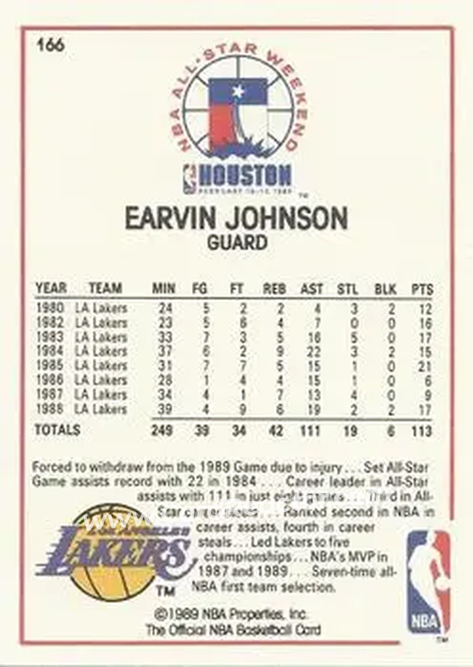 1989-90 Hoops #166 - Magic Johnson - Los Angeles Lakers - Back