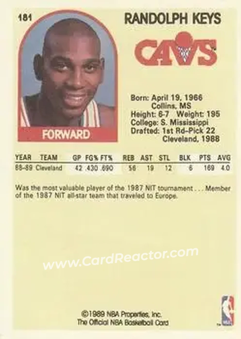 1989-90 Hoops #181 - Randolph Keys - Cleveland Cavaliers - Back