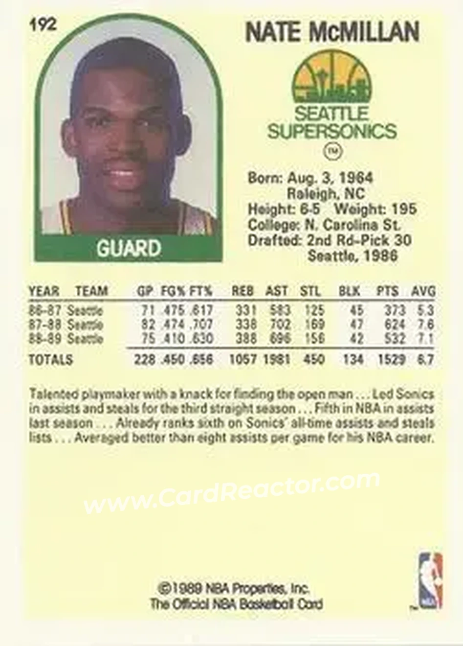 1989-90 Hoops #192 - Nate McMillan - Seattle SuperSonics - Back