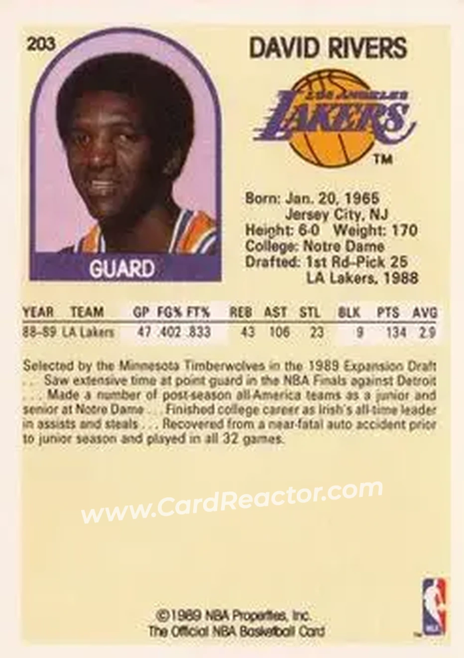 1989-90 Hoops #203 - David Rivers - Los Angeles Lakers - Back