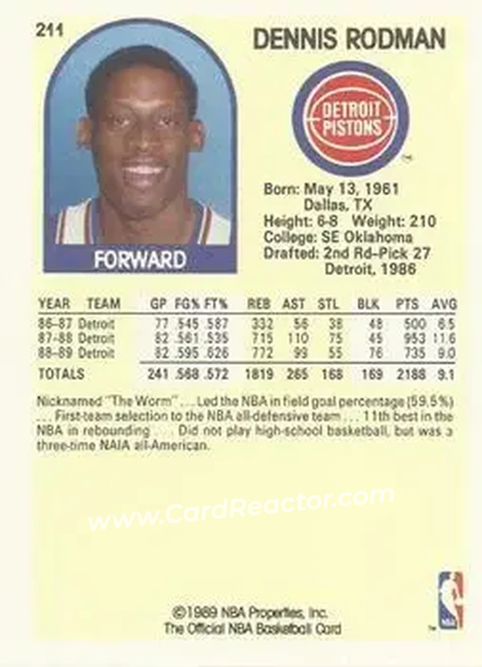 1989-90 Hoops #211 - Dennis Rodman - Detroit Pistons - Back