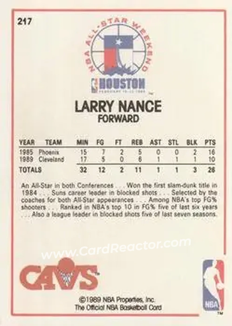 1989-90 Hoops #217 - Larry Nance - Cleveland Cavaliers - Back
