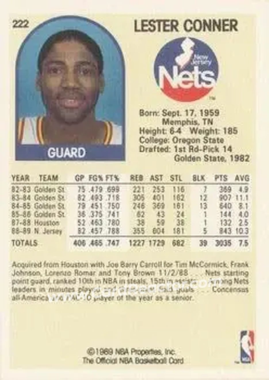 1989-90 Hoops #222 - Lester Conner - New Jersey Nets - Back
