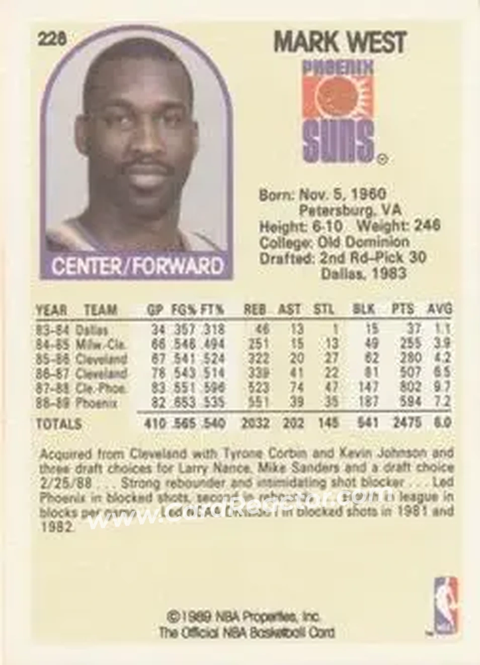 1989-90 Hoops #228 - Mark West - Phoenix Suns - Back
