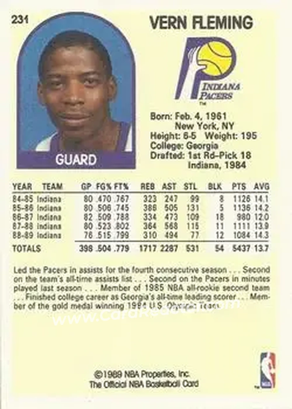 1989-90 Hoops #231 - Vern Fleming - Indiana Pacers - Back