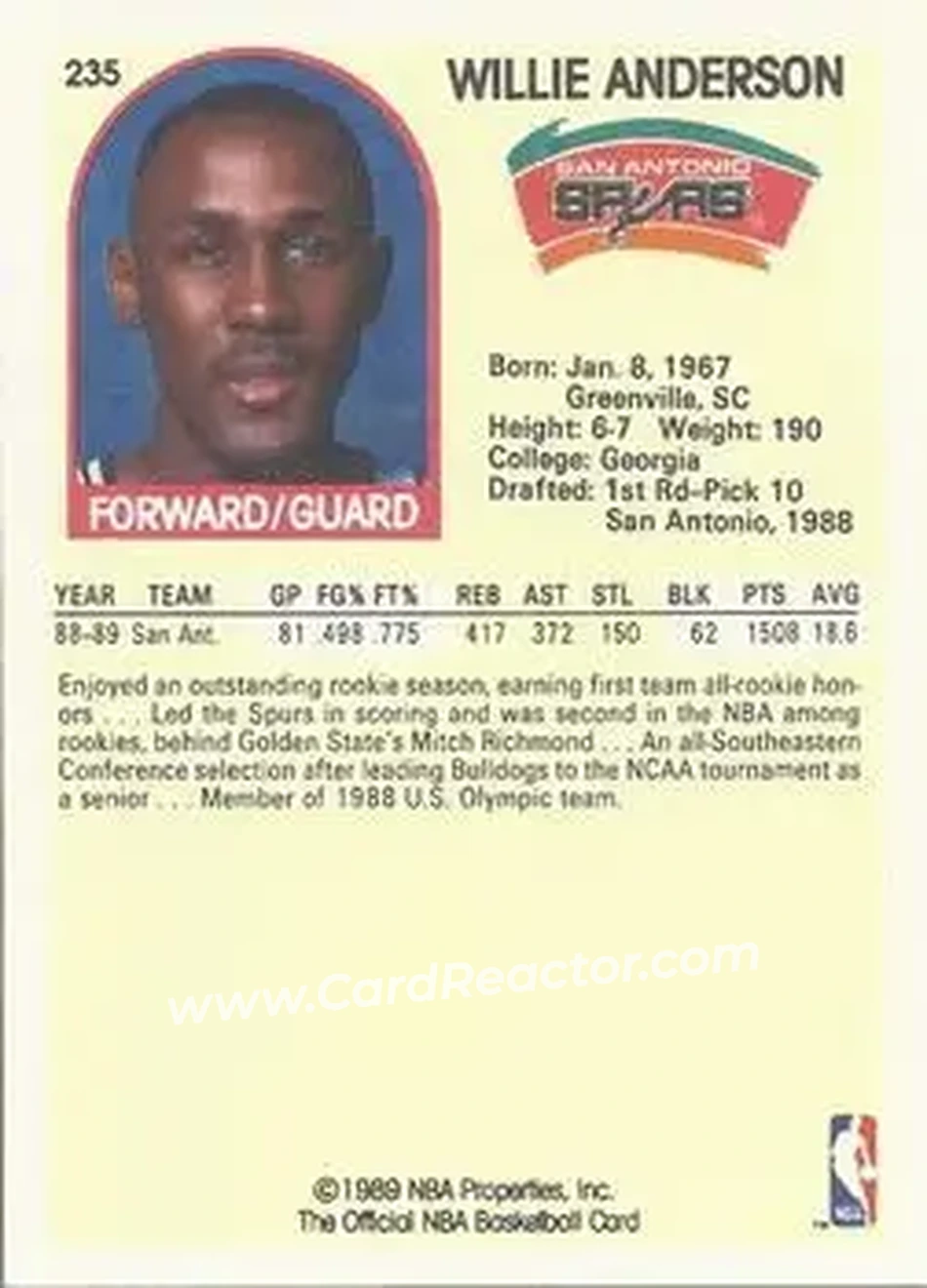 1989-90 Hoops #235 - Willie Anderson - San Antonio Spurs - Back