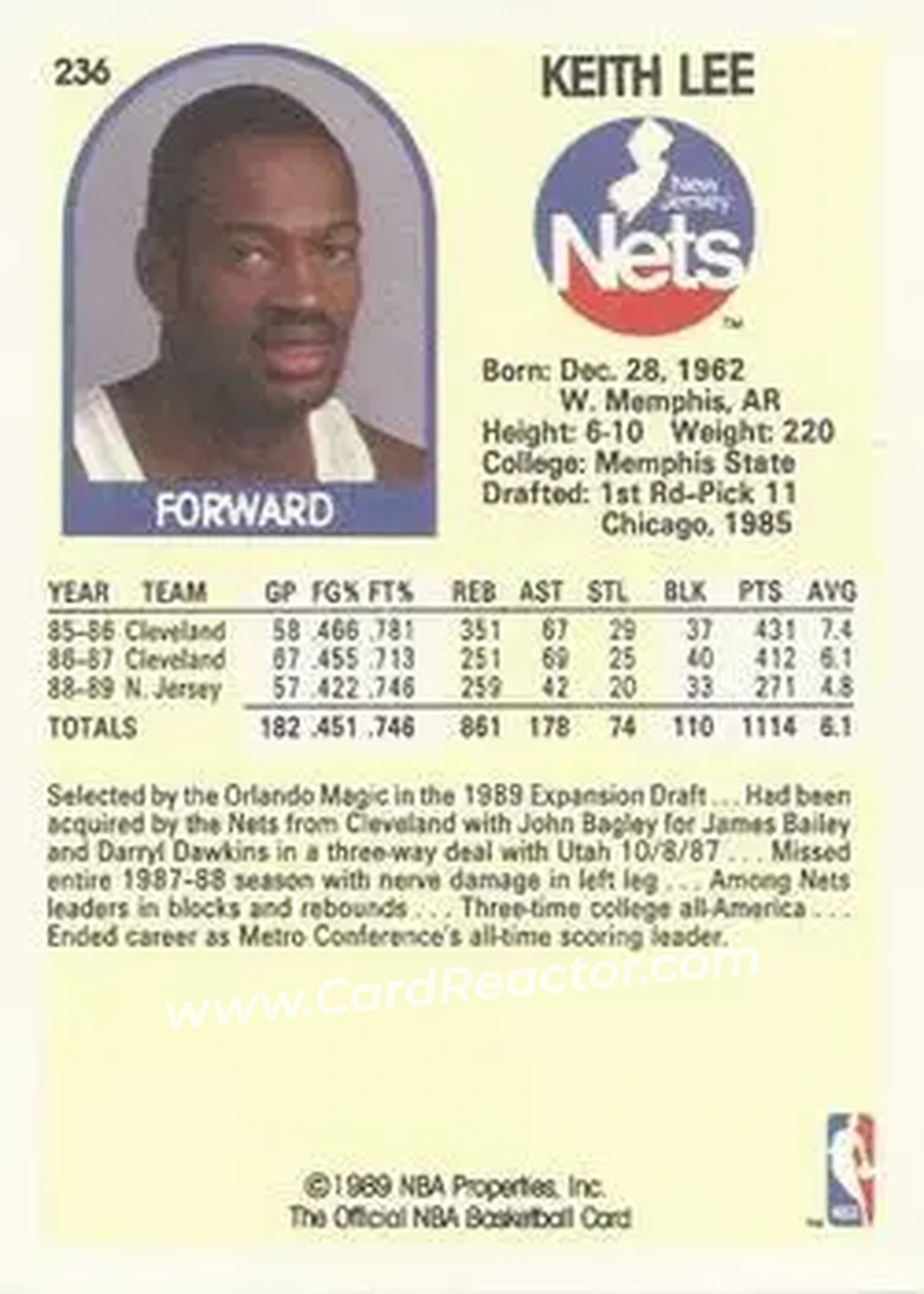1989-90 Hoops #236 - Keith Lee - New Jersey Nets - Back