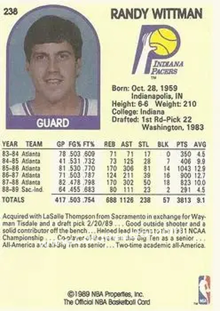 1989-90 Hoops #238 - Randy Wittman - Indiana Pacers - Back