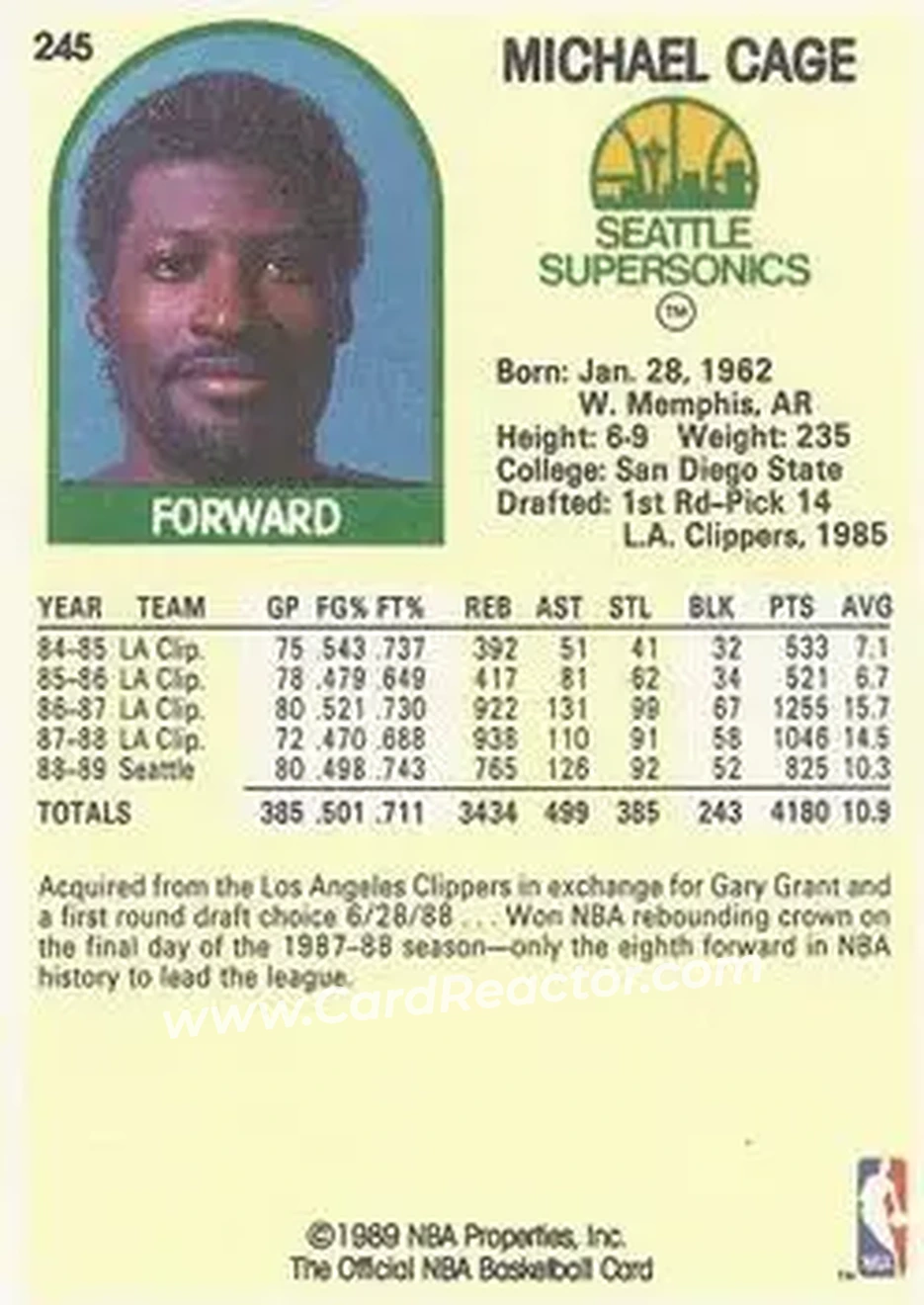 1989-90 Hoops #245 - Michael Cage - Seattle SuperSonics - Back
