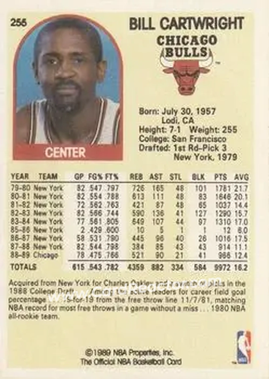 1989-90 Hoops #255 - Bill Cartwright - Chicago Bulls - Back