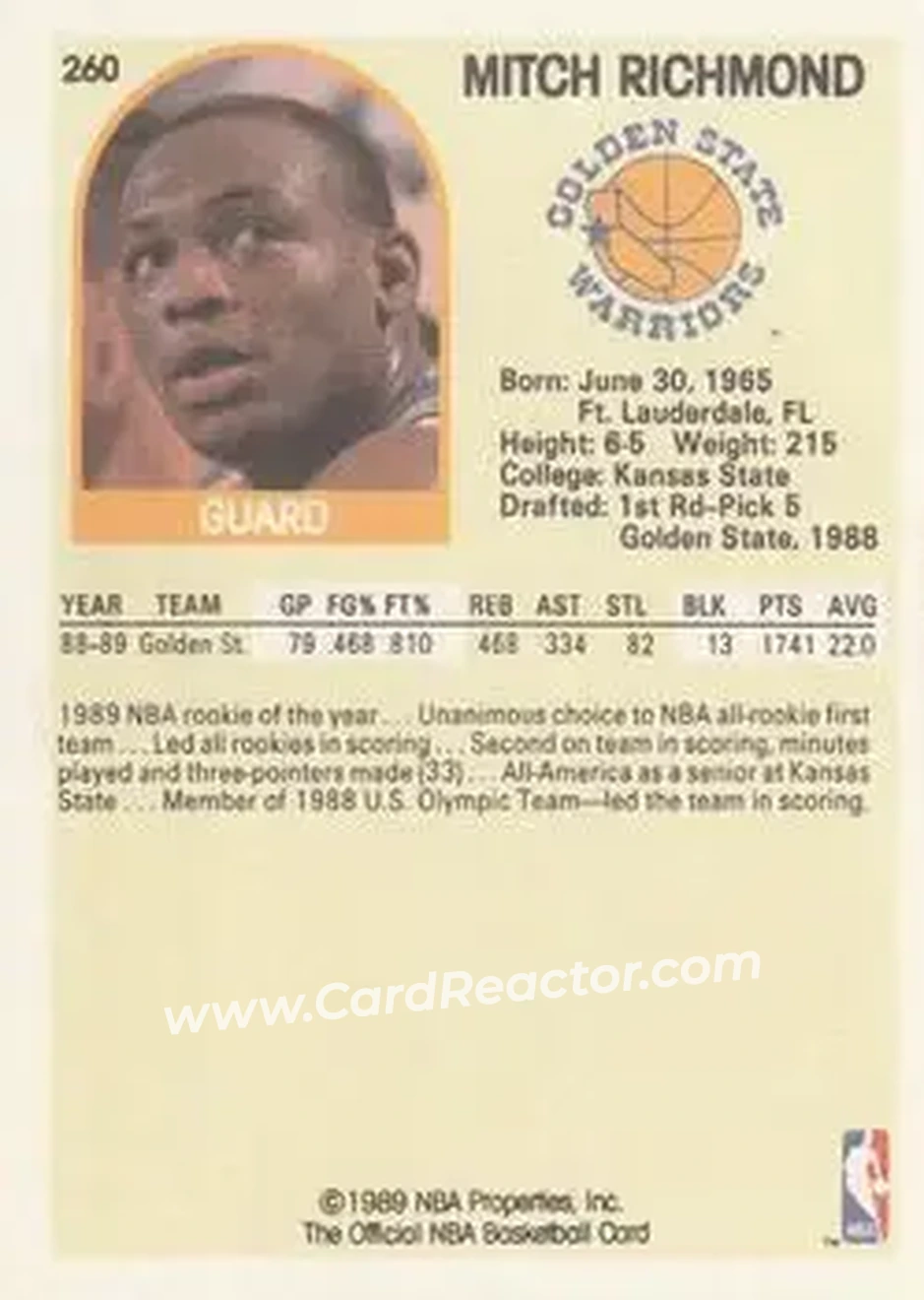 1989-90 Hoops #260 - Mitch Richmond - Golden State Warriors - Back