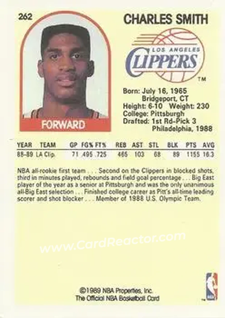 1989-90 Hoops #262 - Charles Smith - Los Angeles Clippers - Back