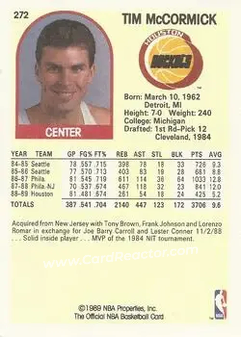 1989-90 Hoops #272 - Tim McCormick - Houston Rockets - Back