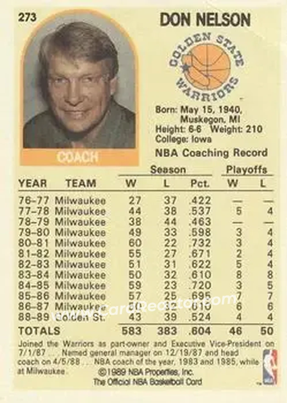 1989-90 Hoops #273 - Don Nelson - Golden State Warriors - Back