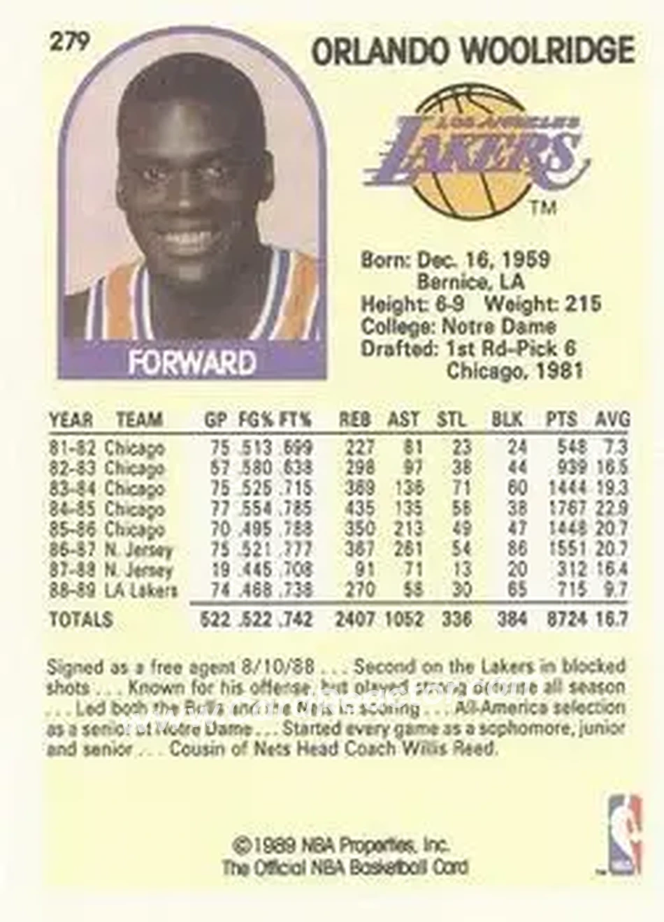 1989-90 Hoops #279b - Orlando Woolridge - Los Angeles Lakers - Back
