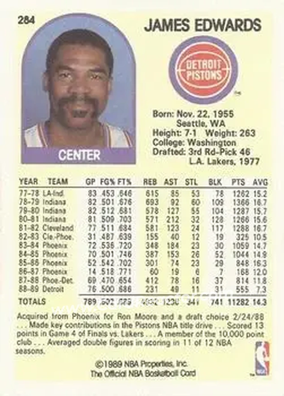 1989-90 Hoops #284b - James Edwards - Detroit Pistons - Back