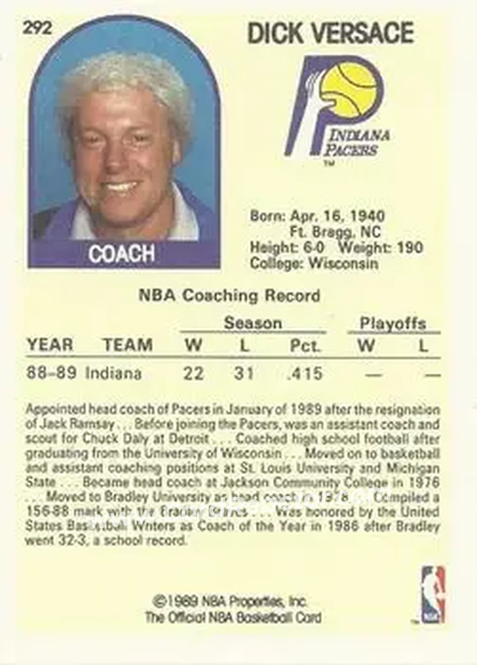 1989-90 Hoops #292 - Dick Versace - Indiana Pacers - Back