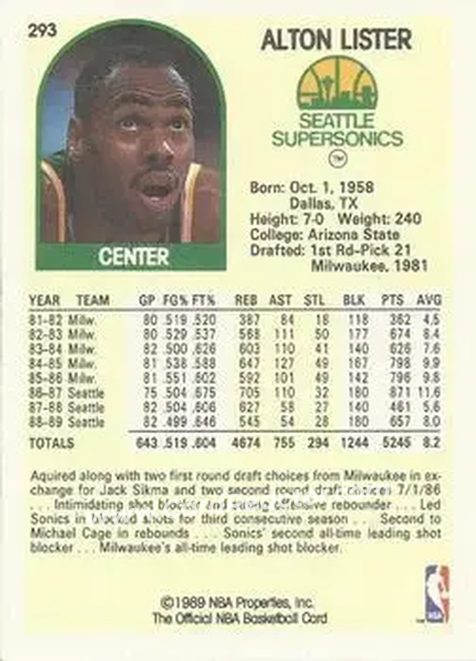 1989-90 Hoops #293 - Alton Lister - Seattle SuperSonics - Back