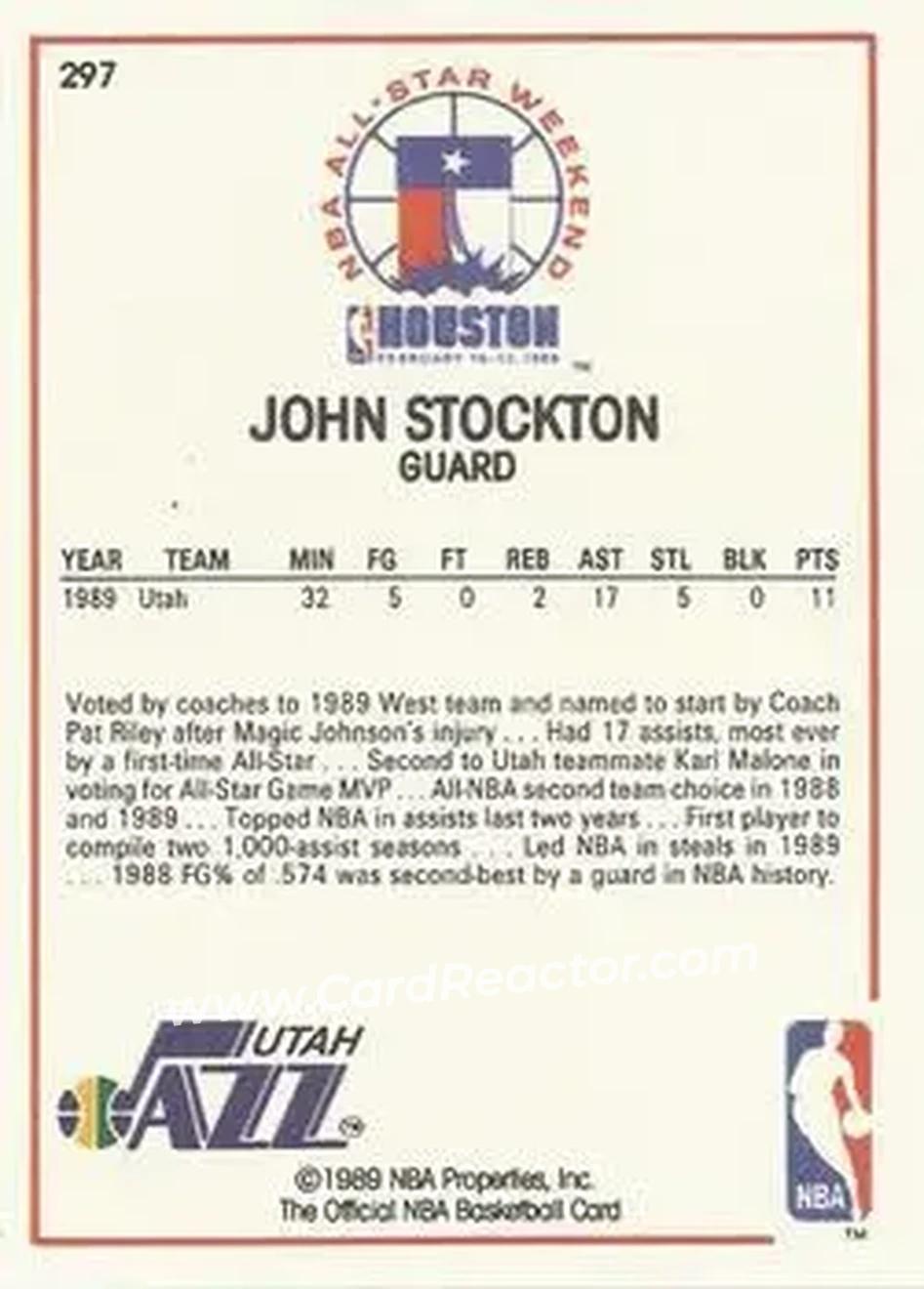 1989-90 Hoops #297 - John Stockton - Utah Jazz - Back