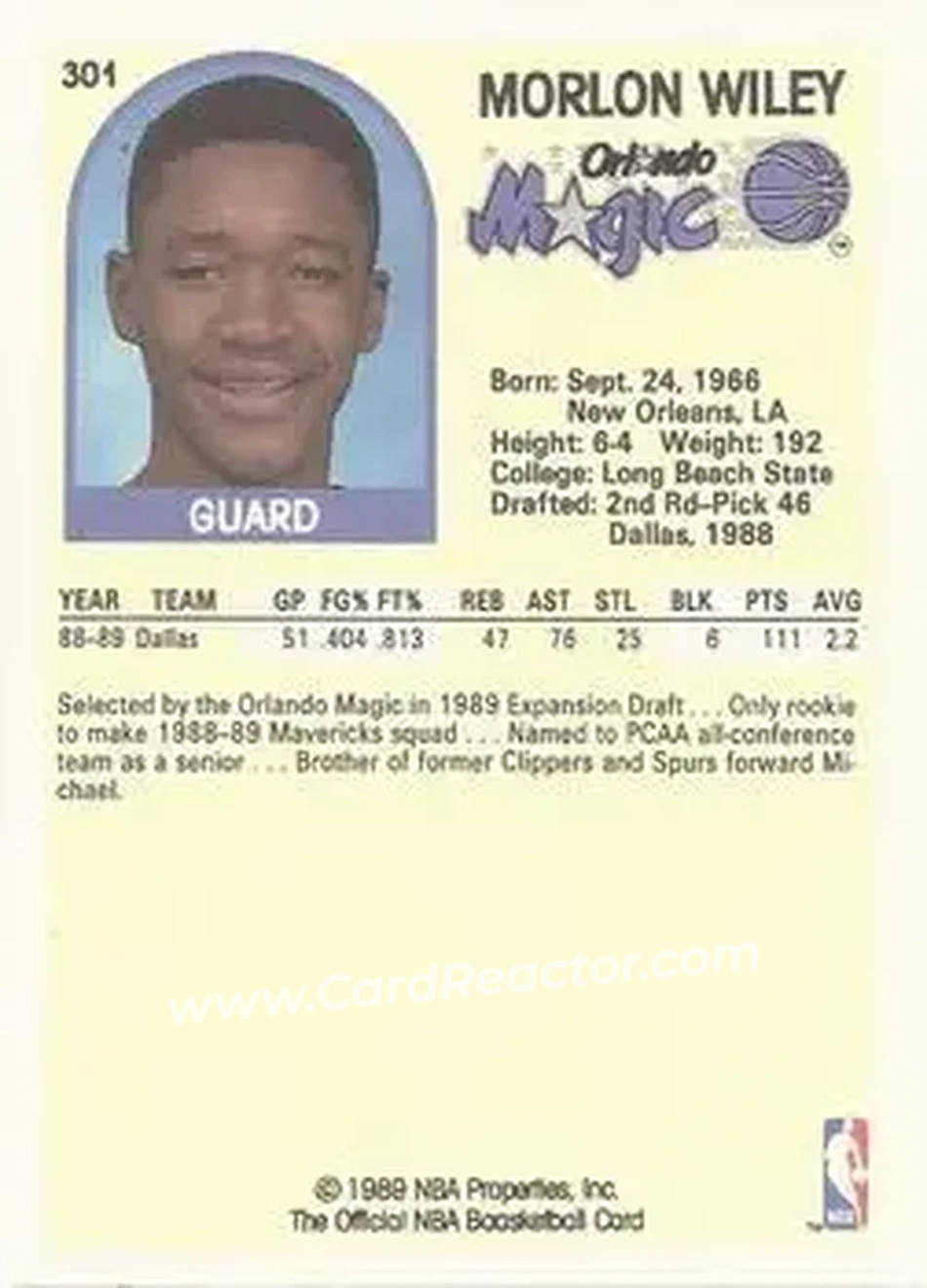1989-90 Hoops #301 - Morlon Wiley - Orlando Magic - Back