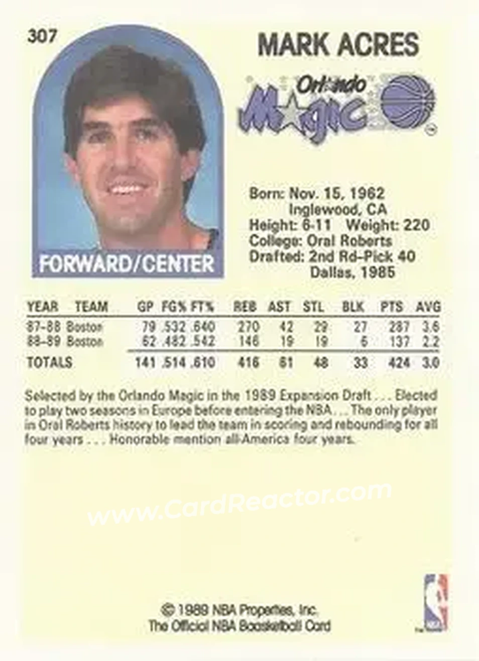 1989-90 Hoops #307 - Mark Acres - Orlando Magic - Back