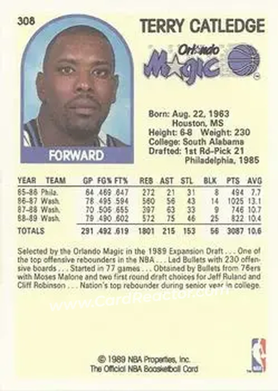 1989-90 Hoops #308 - Terry Catledge - Orlando Magic - Back