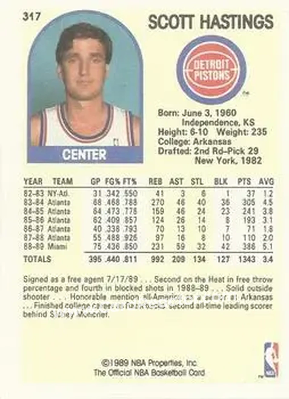 1989-90 Hoops #317 - Scott Hastings - Detroit Pistons - Back