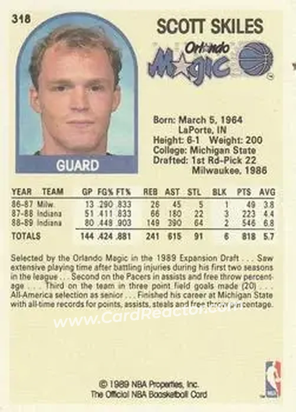 1989-90 Hoops #318 - Scott Skiles - Orlando Magic - Back