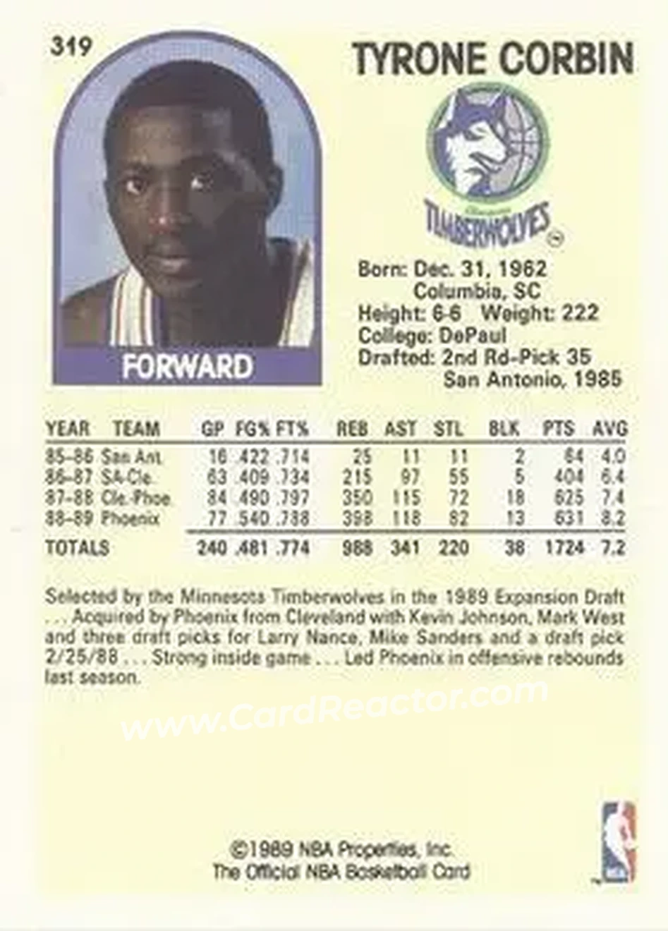 1989-90 Hoops #319 - Tyrone Corbin - Minnesota Timberwolves - Back